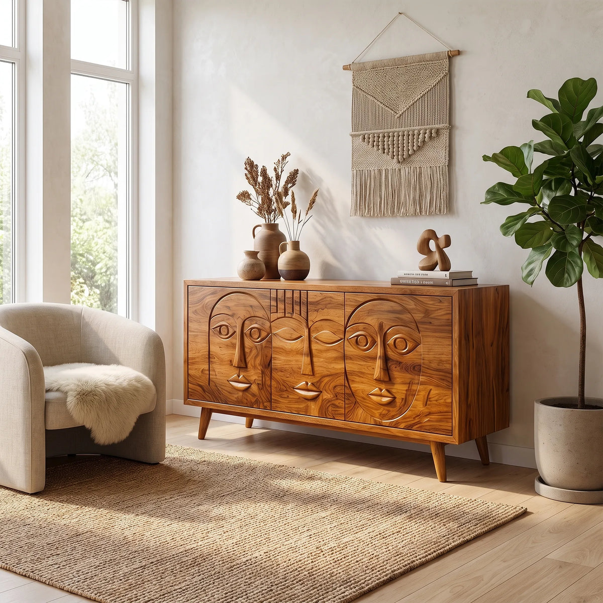 Artistic Sideboard Sideboard Cabinet Modern Sideboard Abstract Face Carving For Living Room