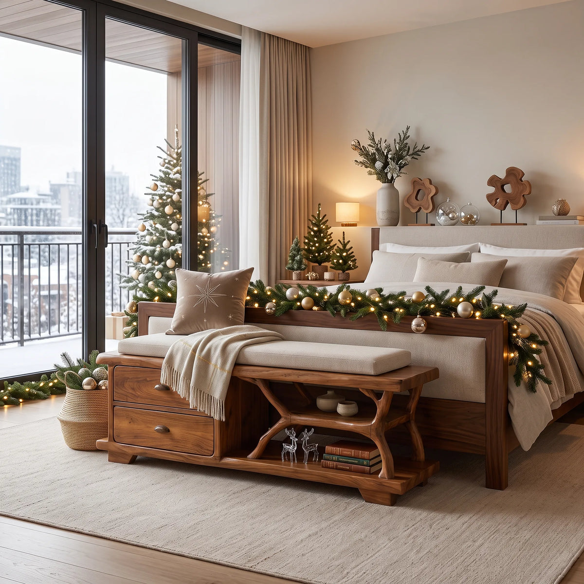Modern Christmas Storage Bench Reindeer Living Room Decor