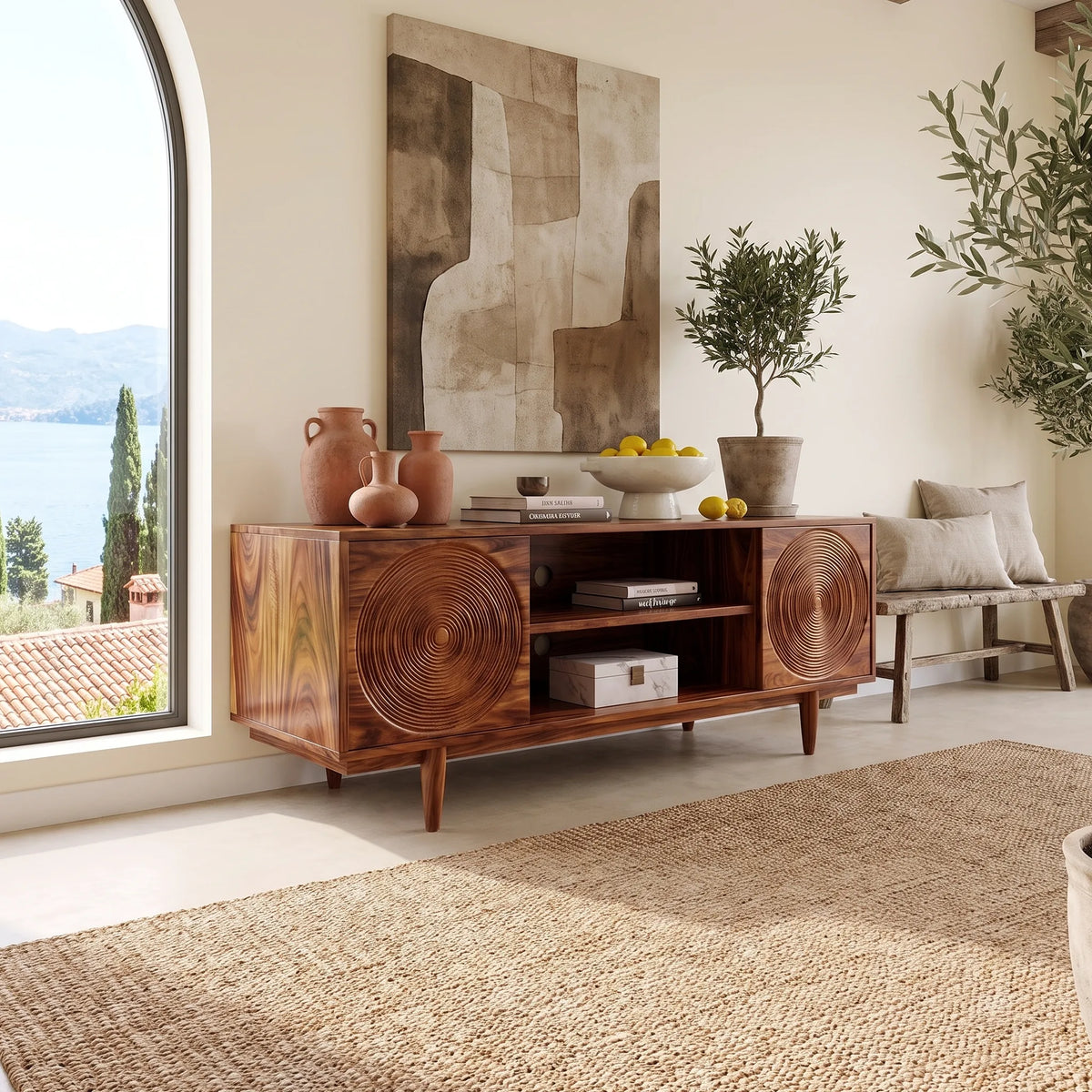 Elegant Sideboard Modern Sideboard Buffet Cabinet Circle Carving For Living Room