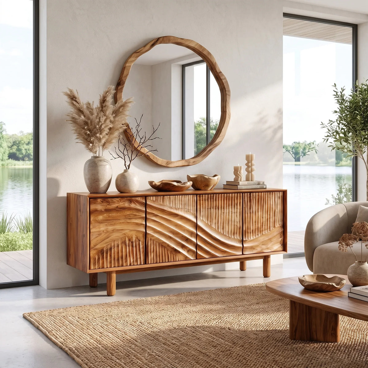 Textured Sideboard Sideboard Cabinet Modern Sideboard Wave Carved Doors For Living Room