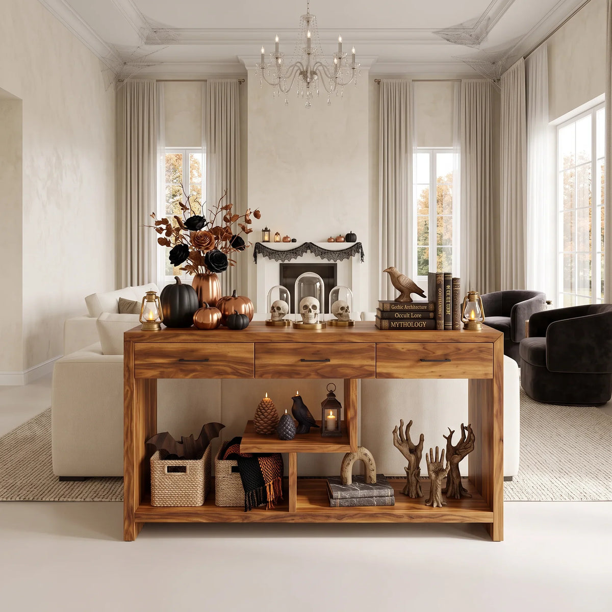 Rustic Skull Wood Console Table Luxury Bathroom