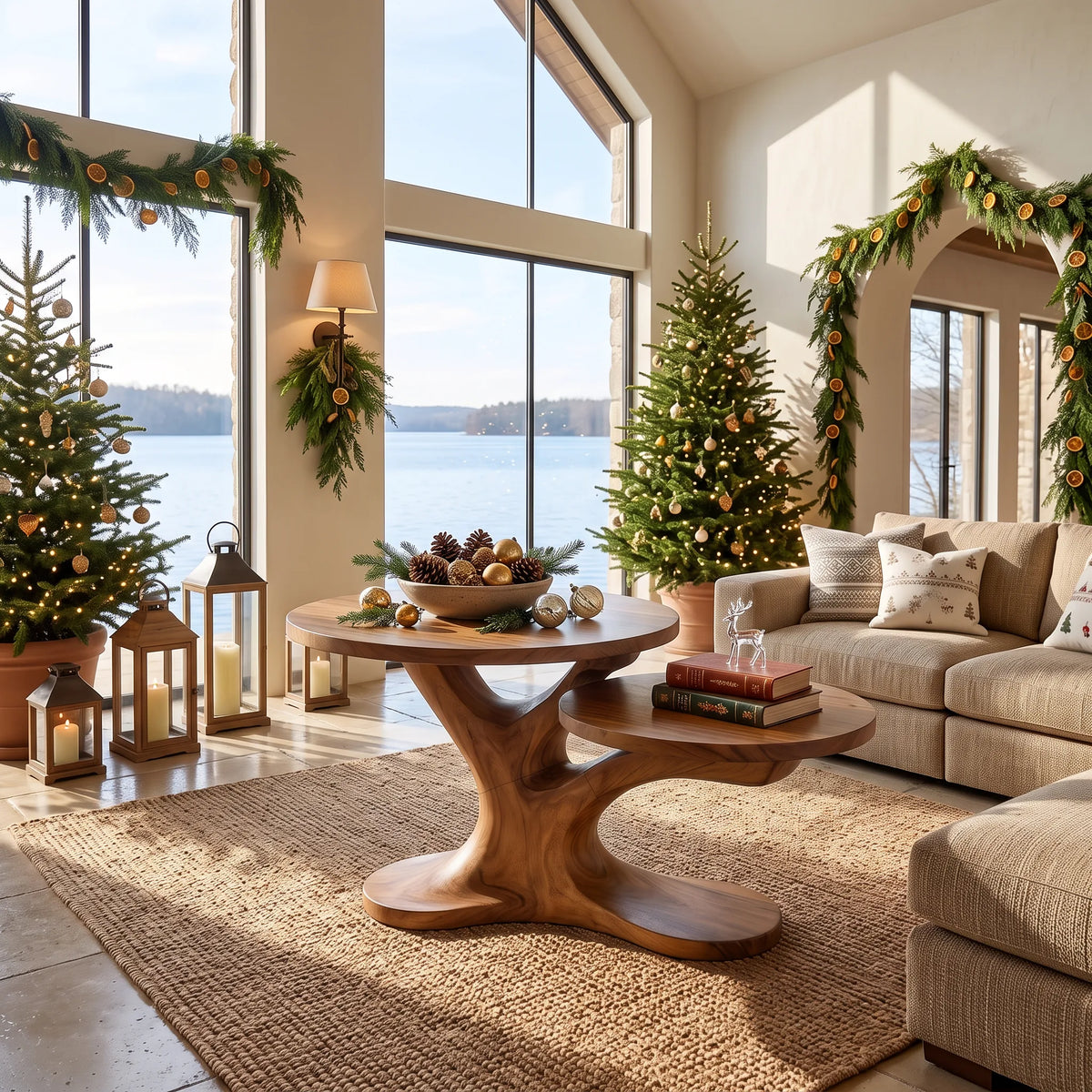 Organic Modern Reindeer Round Coffee Table Holiday Living Room