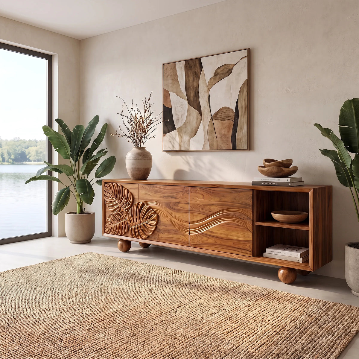 Graceful Sideboard Dining Sideboard Cabinet Buffet Cabinet Leaf Wave Carving For Living Room