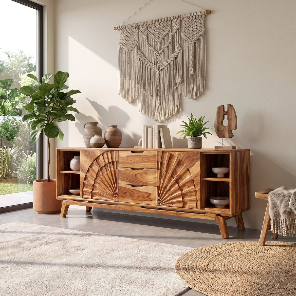 Sculptural Sideboard Cabinet Dining Sideboard Buffet Cabinet Fan Carving For Living Room