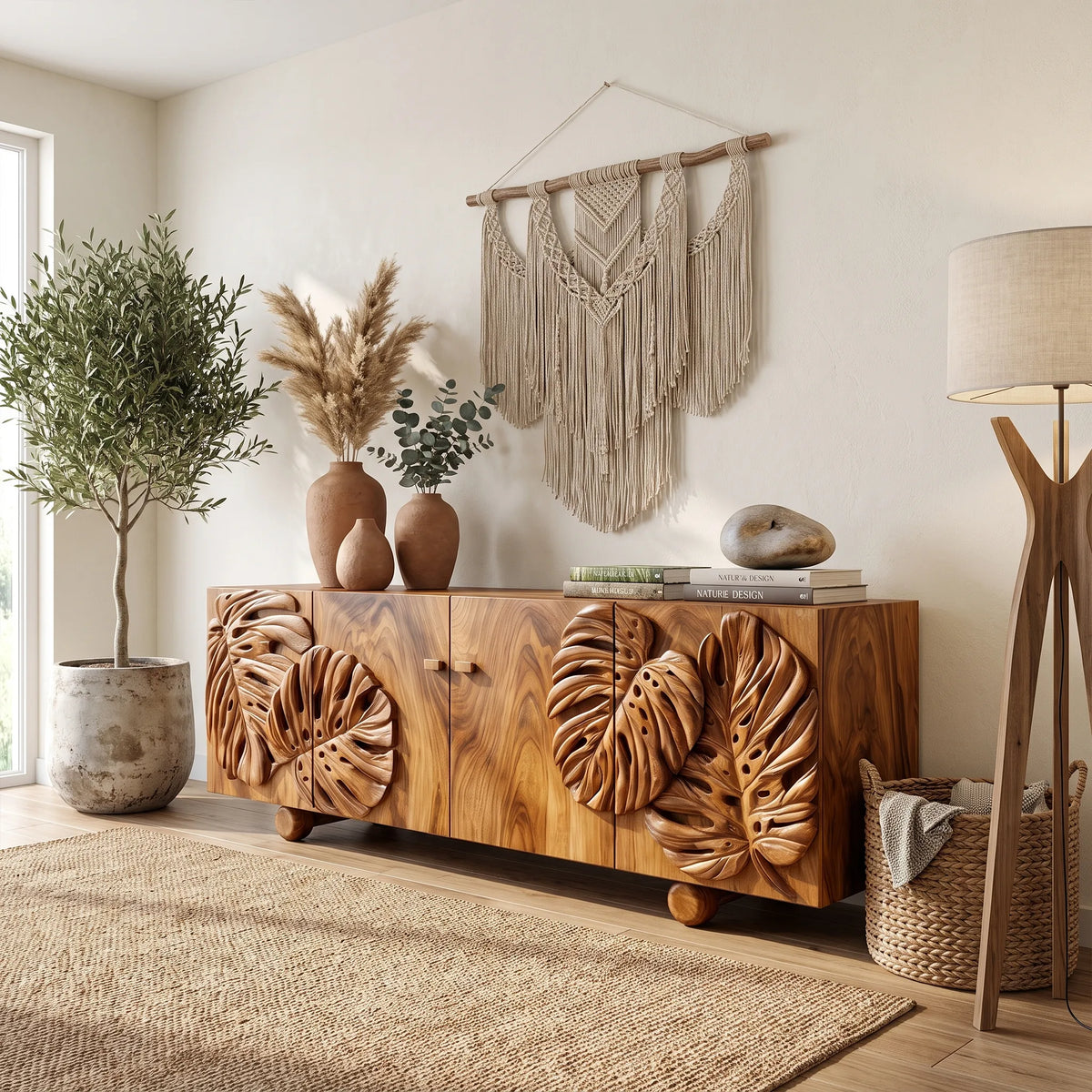 Botanical Sideboard Sideboard Storage Cabinet Modern Sideboard Tropical Leaf Carving For Living Room