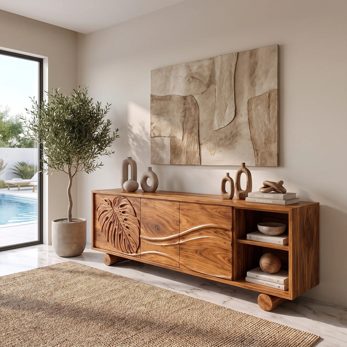 Organic Sideboard Cabinet Modern Sideboard Buffet Cabinet Monstera Carving For Living Room