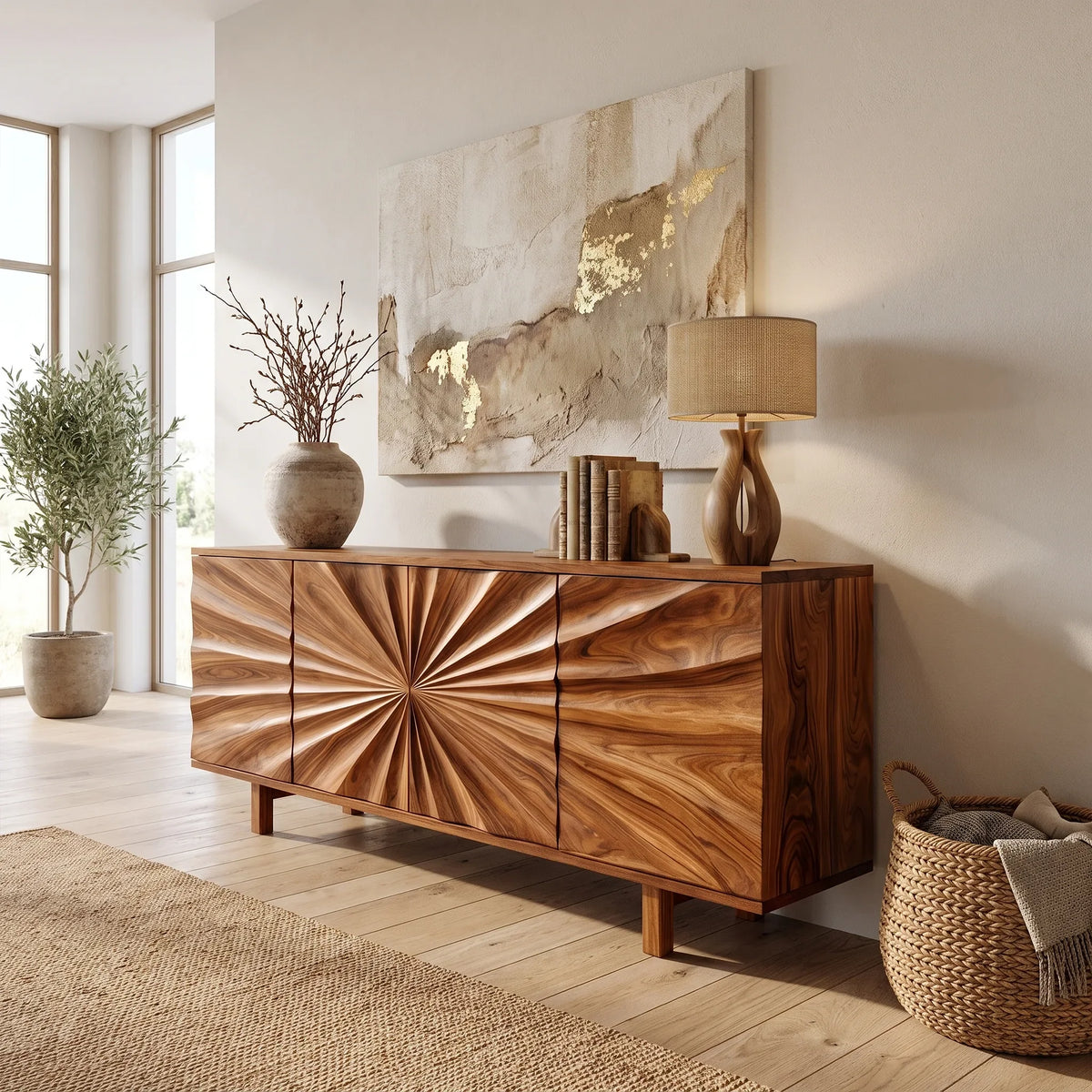Vibrant Sideboard Sideboard Storage Cabinet Buffet Cabinet Sunburst Carved Front For Living Room