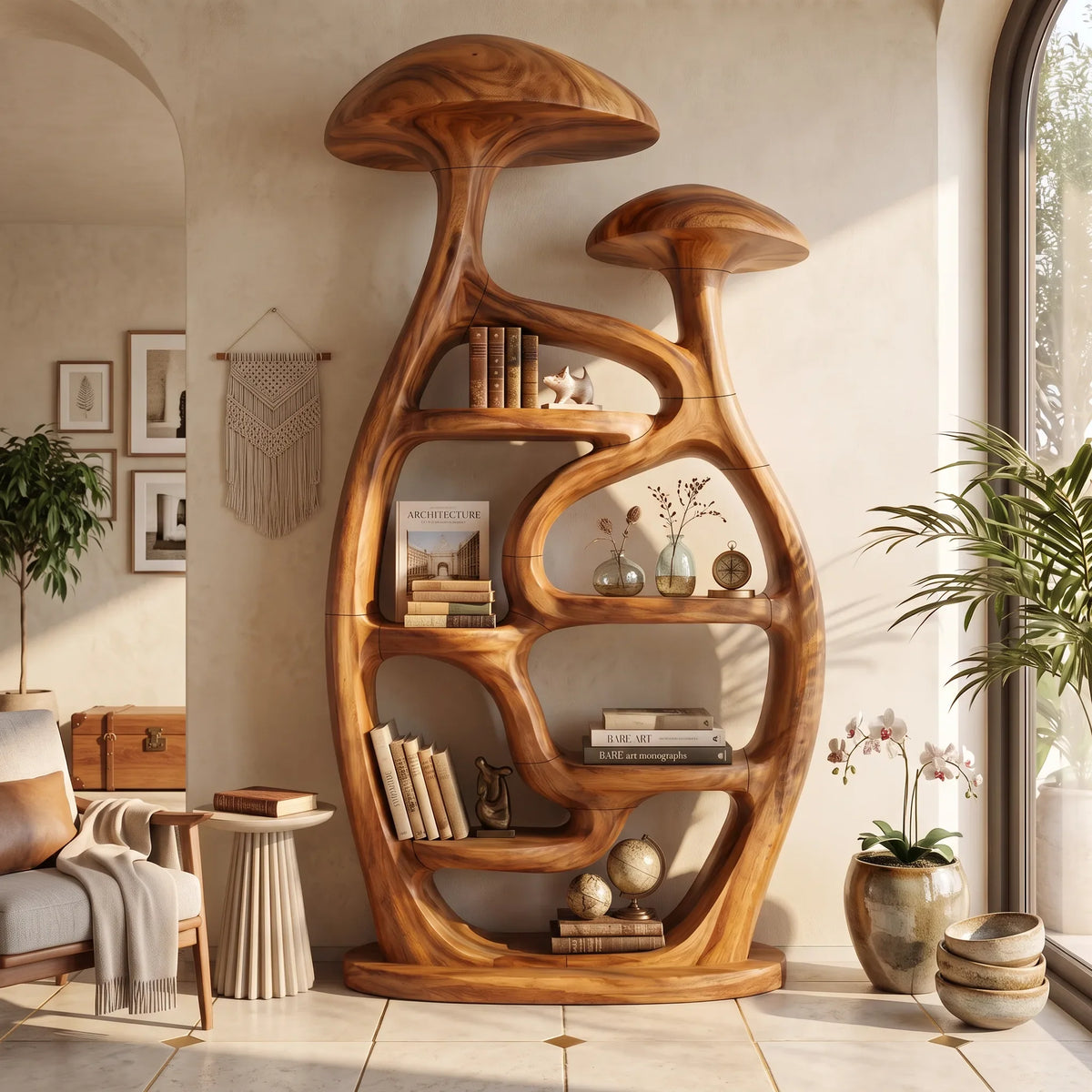Mid Century Freestanding Mushroom Bookcase Living Room