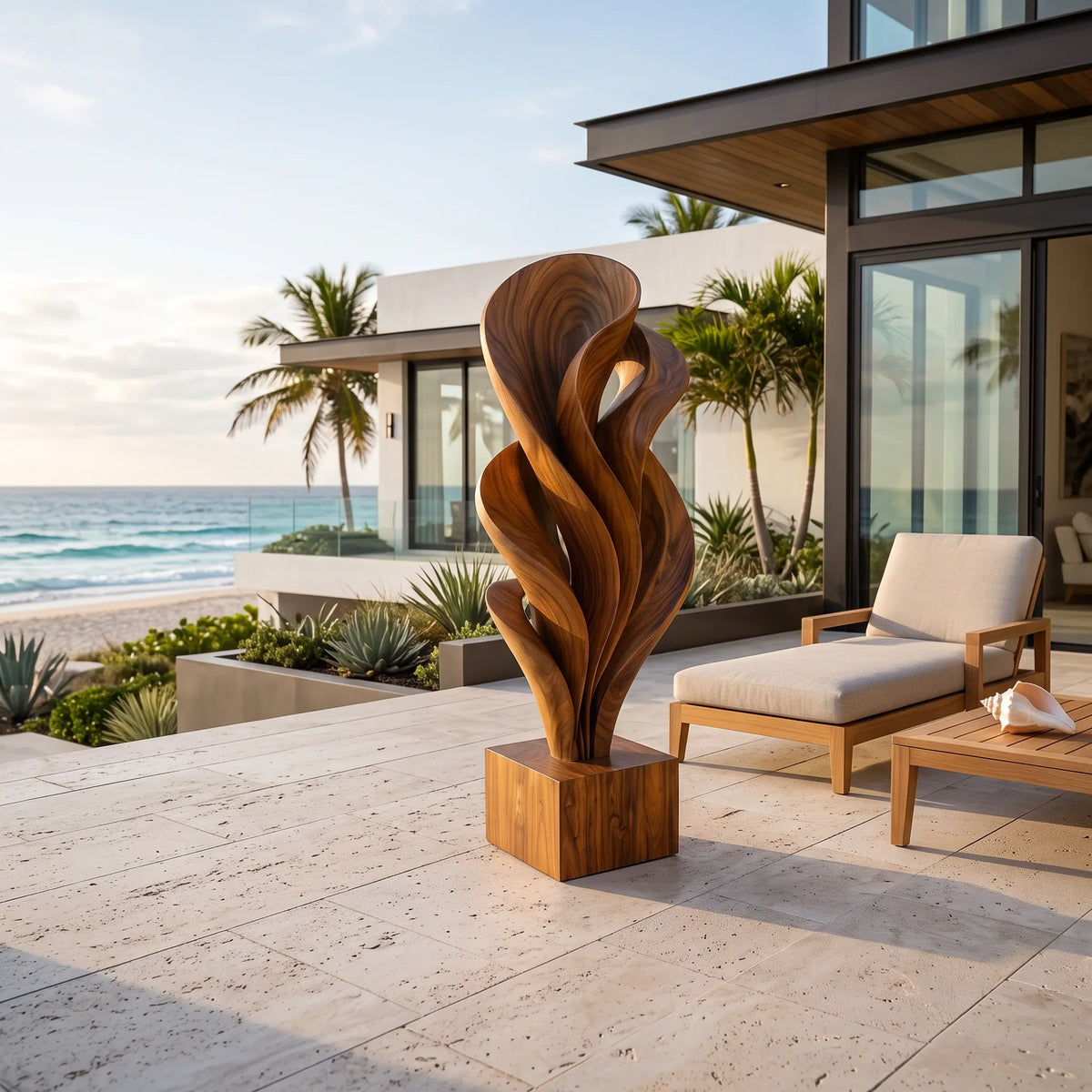 Rustic Organic Leaf Wood Sculpture For Outdoor Garden Decor
