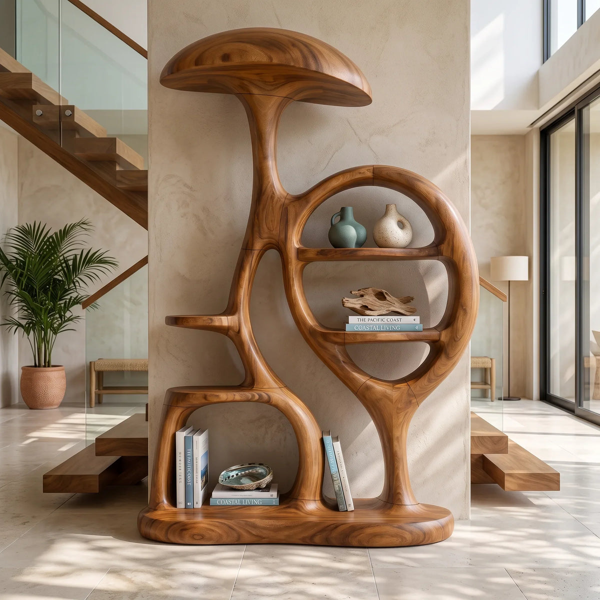 Contemporary Arched Mushroom Bookshelf Cozy Bedroom