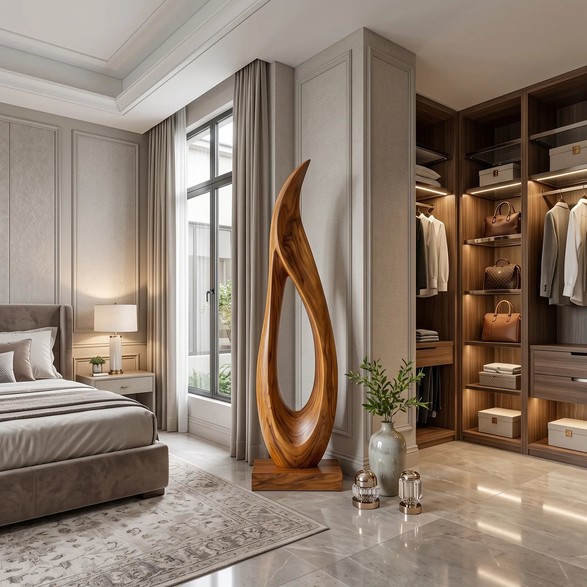 Handcrafted Flame Wood Sculpture For Minimalist Luxury Bathroom Decor