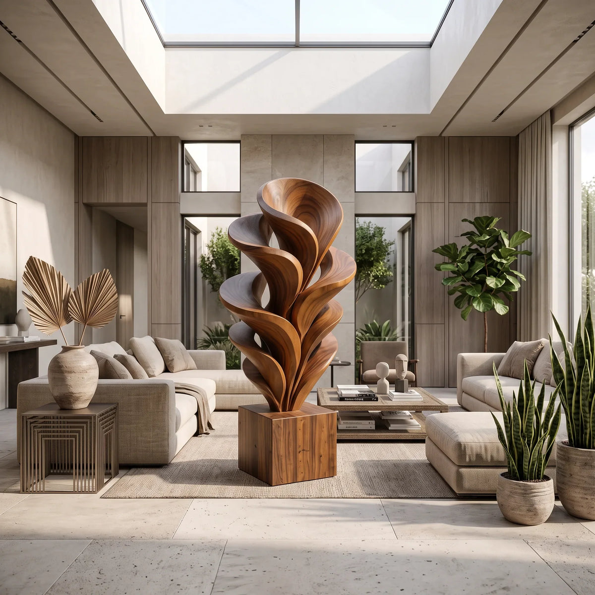 Mid Century Botanical Wood Sculpture For Modern Home Decor