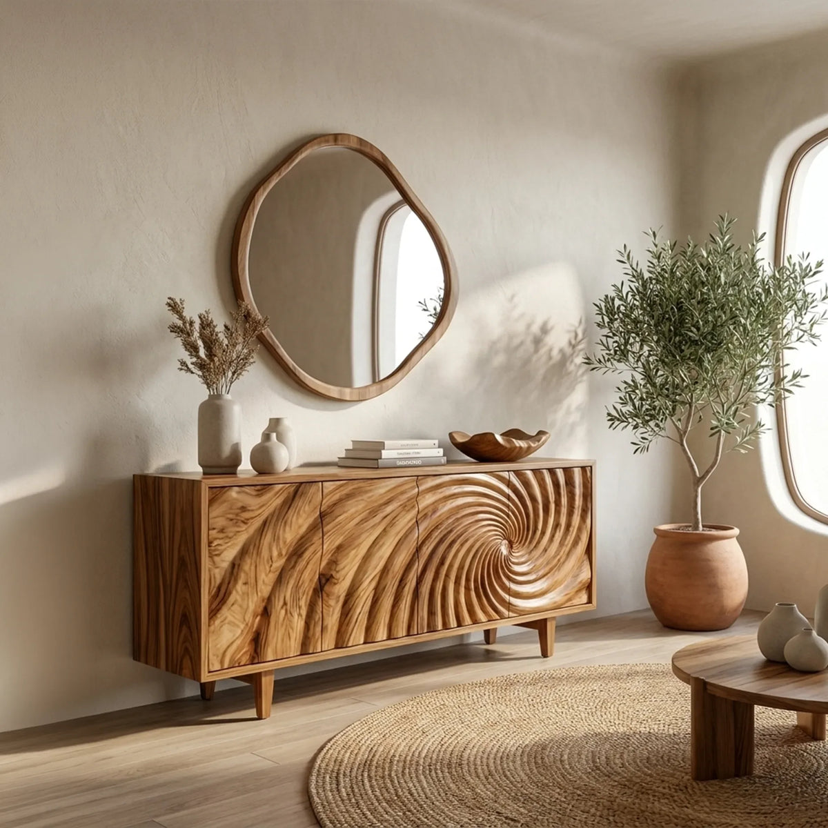 Sculptural Sideboard Dining Sideboard Cabinet Buffet Cabinet Spiral Carved Front For Dining Room