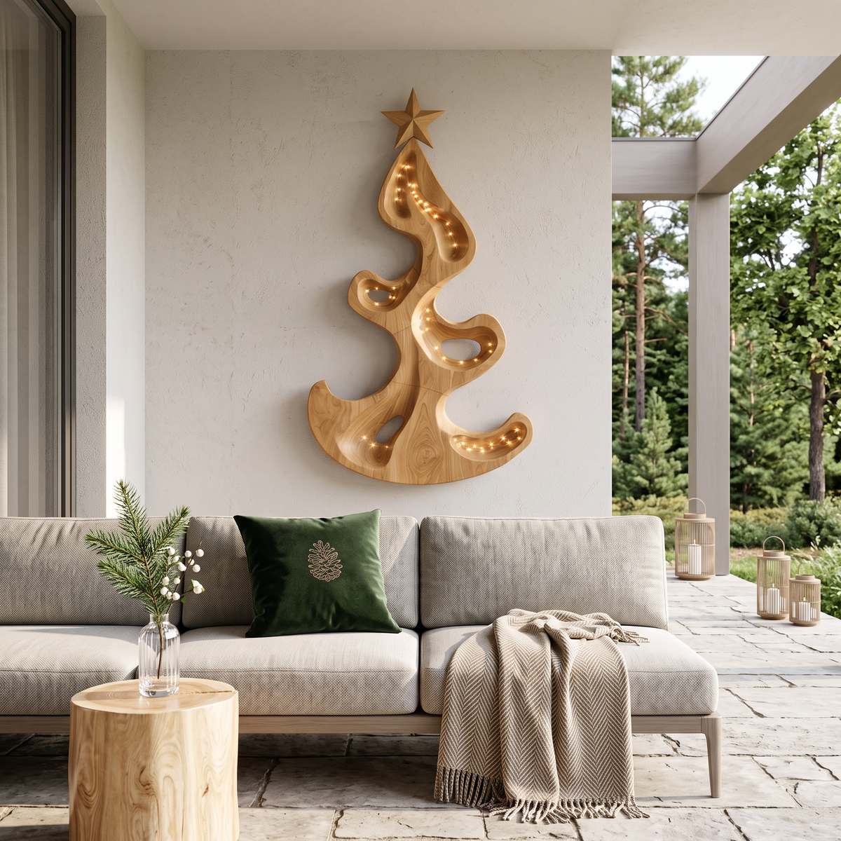 Rustic Christmas Wall Sculpture With Freeform Tree Design For Entryway