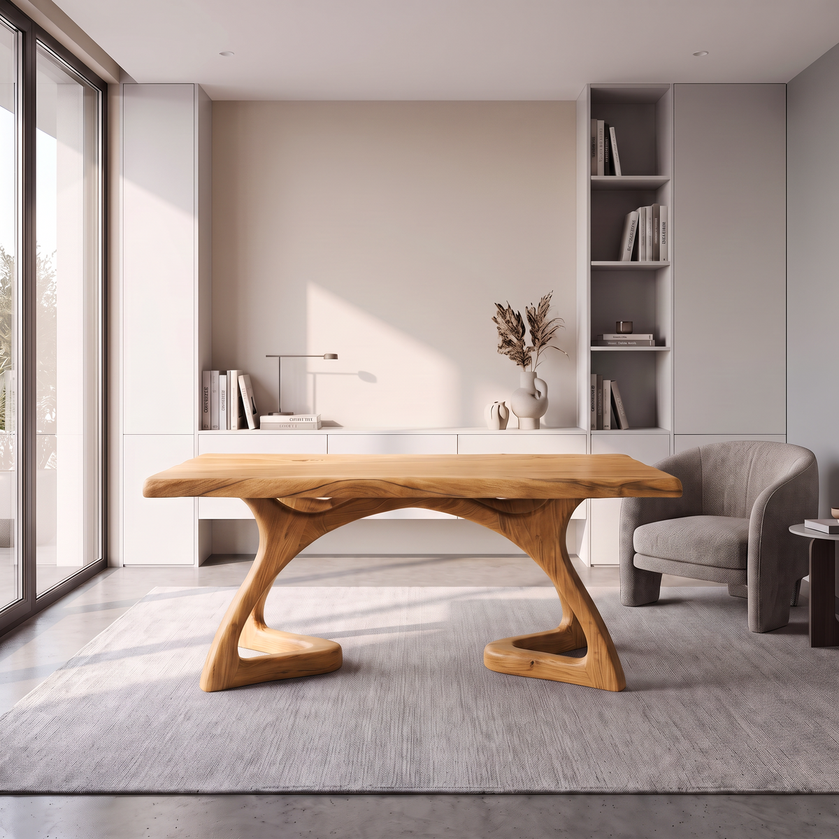 Rustic Executive Desk With Curved Open Frame Legs For Workspace