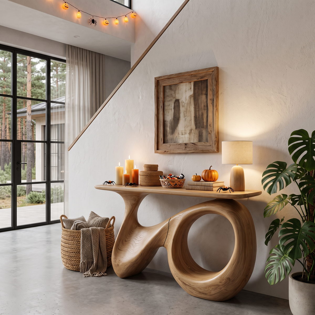 Natural Halloween Hallway Table With Carved Gothic Arch Frame For Foyer