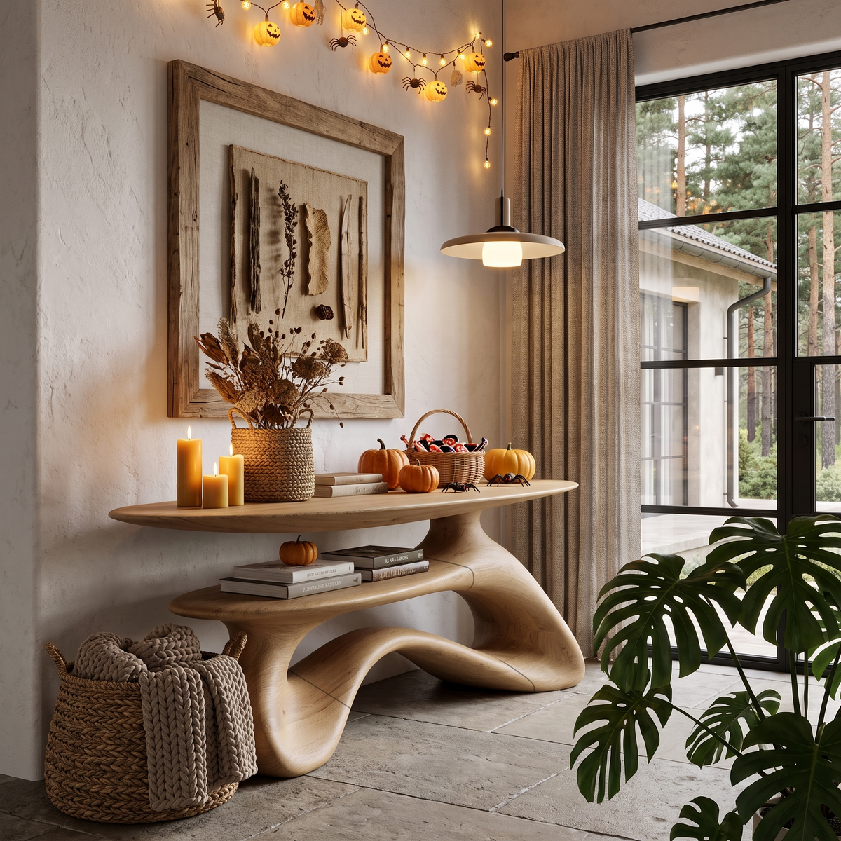 Modern Halloween Entryway Table With Open Storage Shelf And Hollow Frame For Hallway