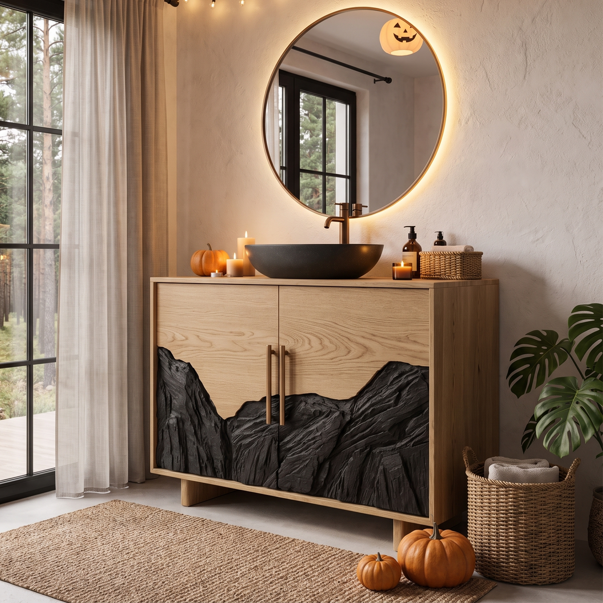Rustic Halloween Bathroom Vanity Cabinet With Haunted Mountain Design For Bathroom