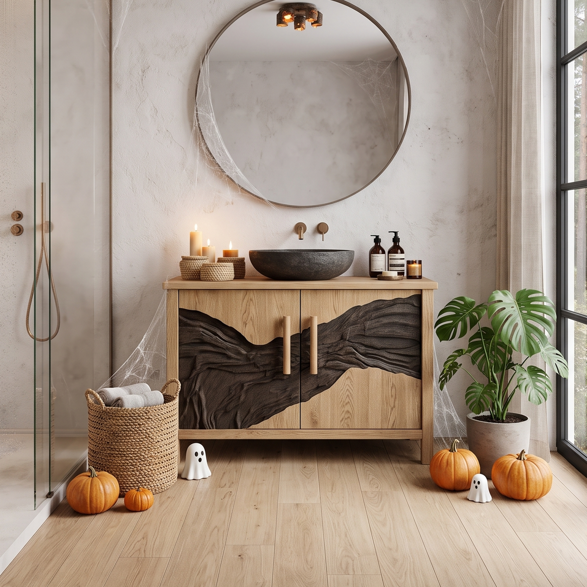 Modern Halloween Vessel Sink Vanity With Dark Mountain Relief For Bathroom