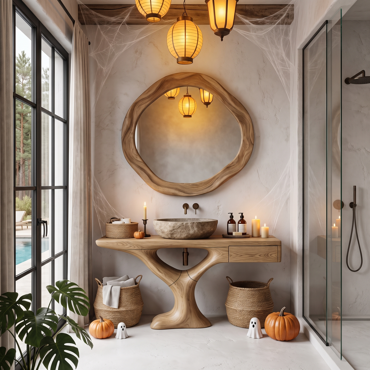 Rustic Halloween Vessel Sink Vanity With Sculptural Tree Frame For Bathroom