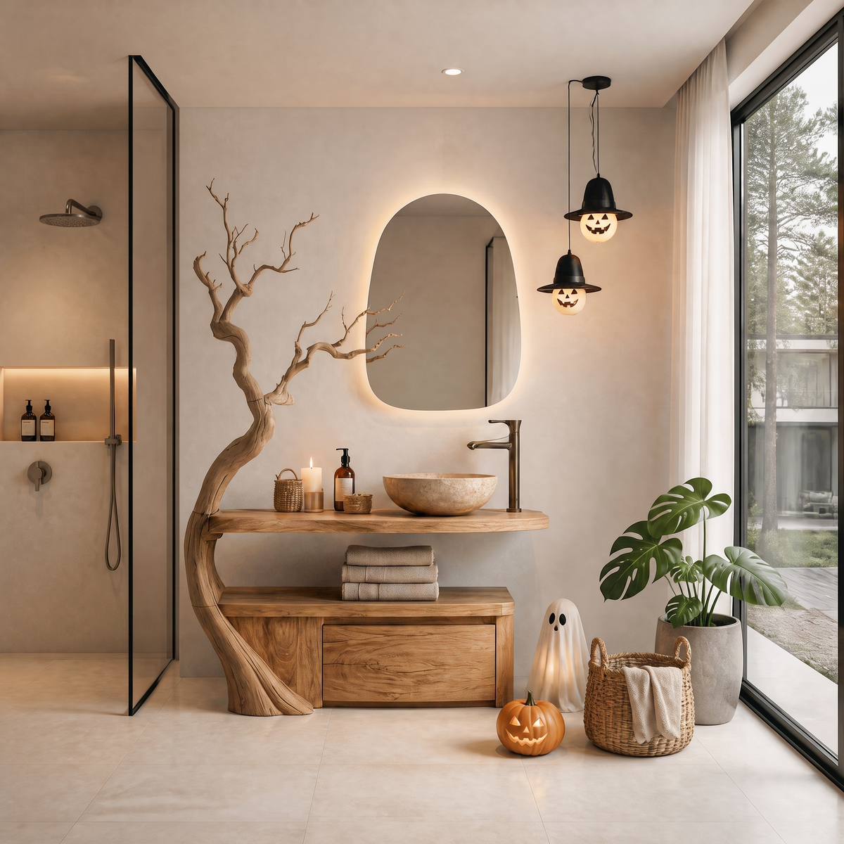 Gothic Halloween Bathroom Vanity With Haunted Tree Branch Design For Bathroom