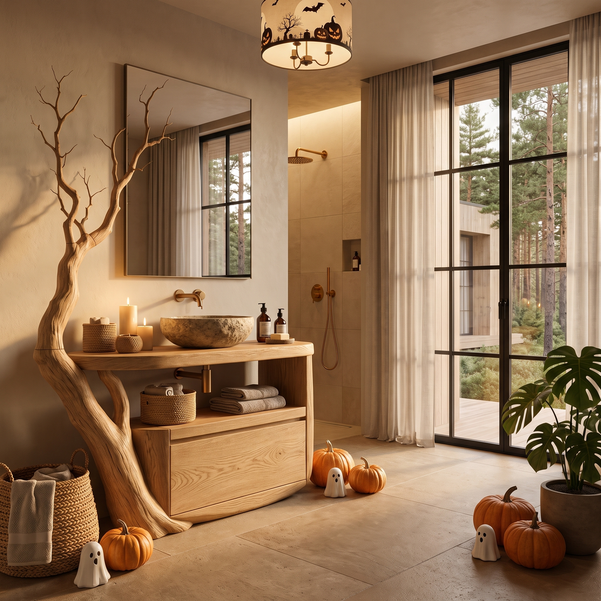 Natural Halloween Tree Bathroom Vanity With Open Shelf Storage For Bathroom
