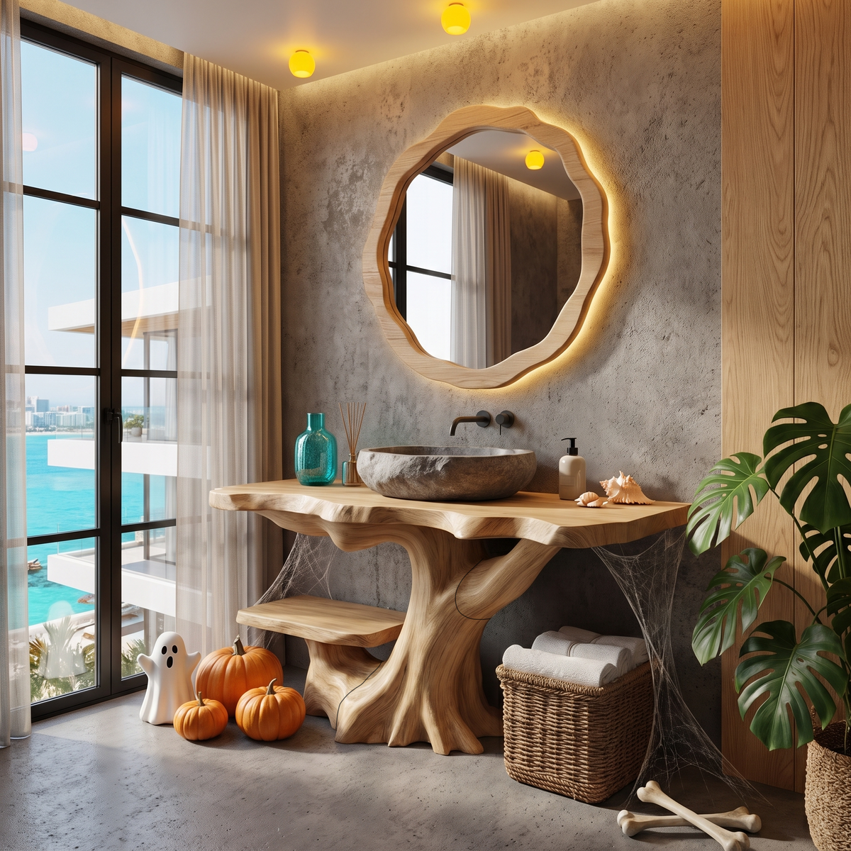 Rustic Halloween Bathroom Vanity With Live Edge Top And Tree Trunk Base For Bathroom