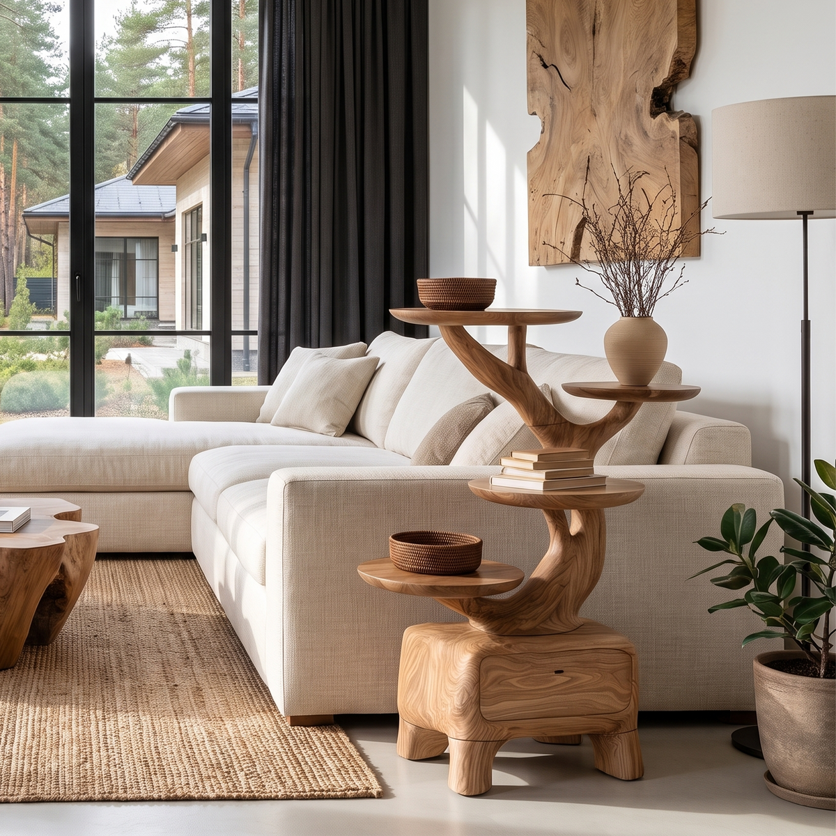 Natural Sculptural Side Table With Branch Display Shelves For Living Room