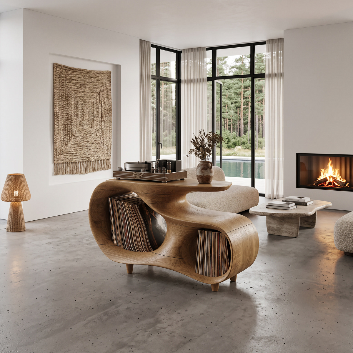 Contemporary Turntable Stand With Flowing Open Frame Design For Entryway