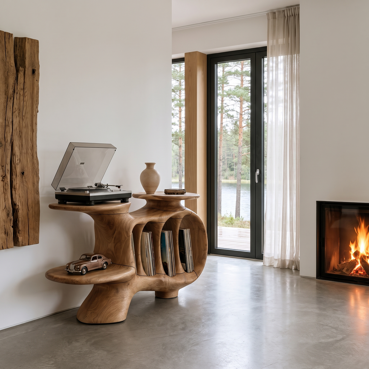 Natural Turntable Console With Sculptural Display Sections For Living Room