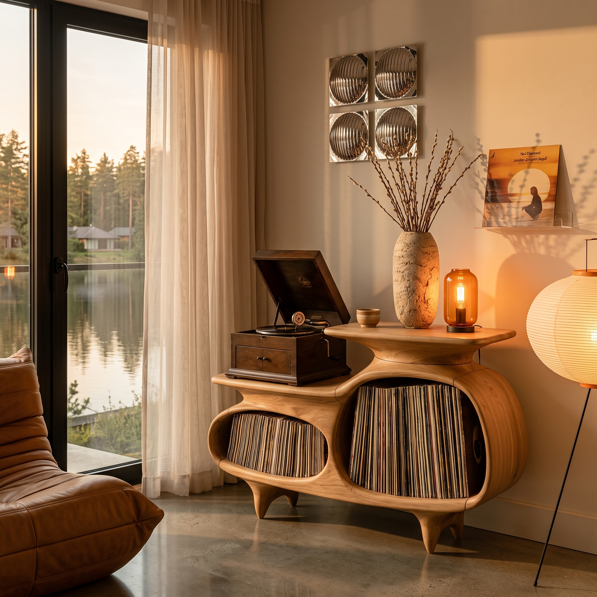 Modern Media Console With Vinyl Storage And Curved Display Compartments For Entryway