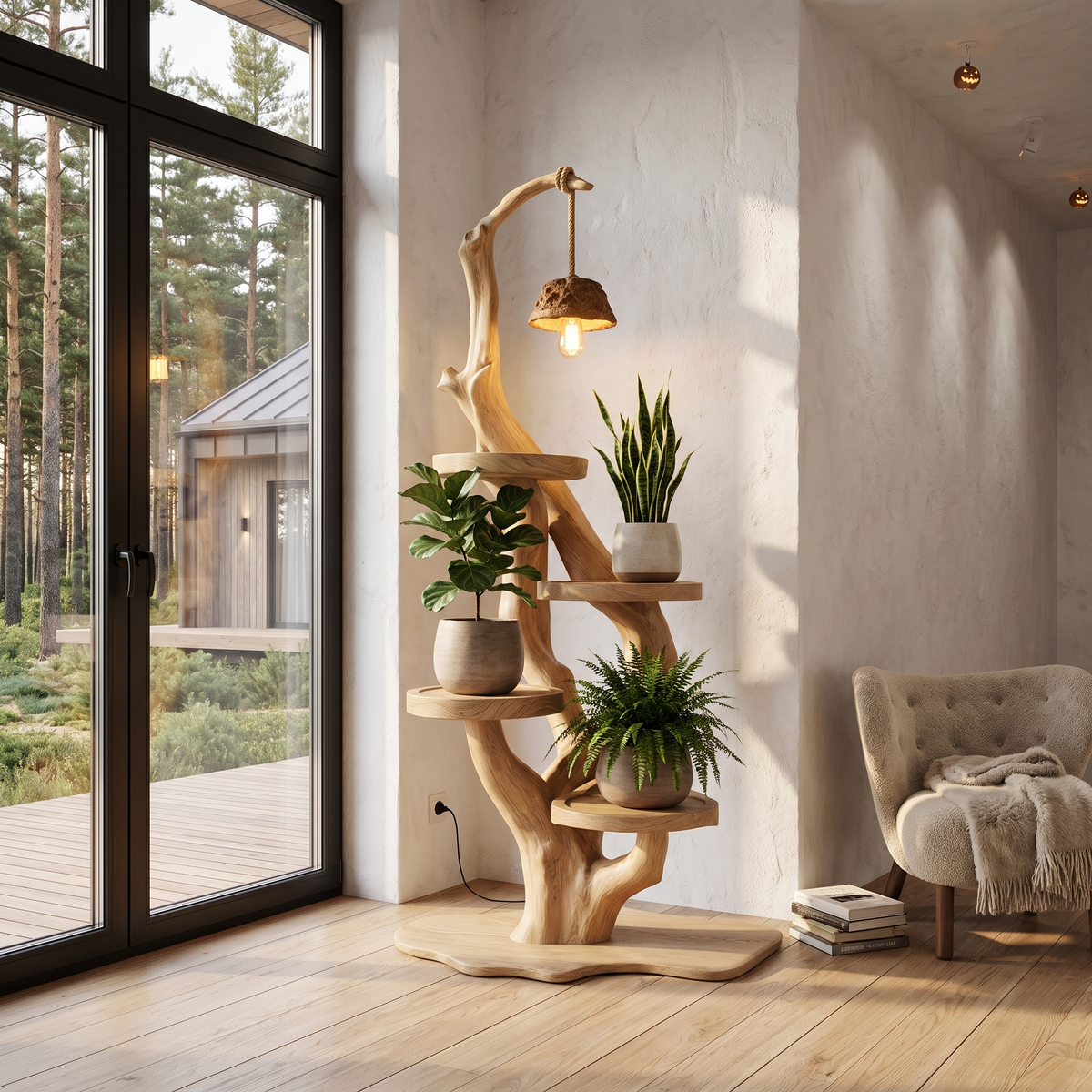 Rustic Halloween Tree Plant Stand With Hanging Lamp For Living Room