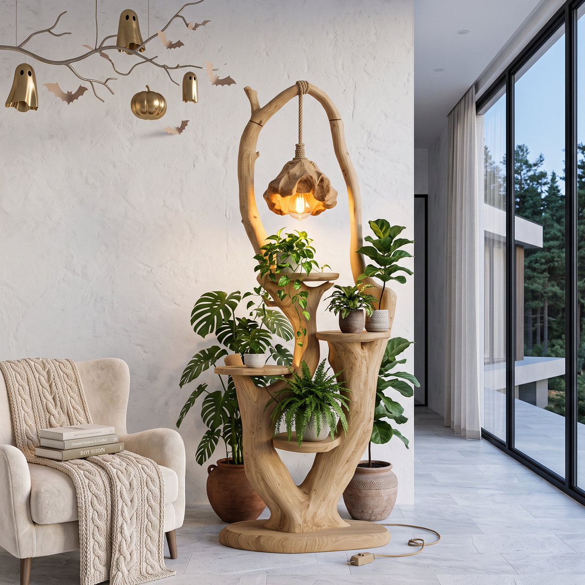 Rustic Halloween Tree Plant Stand With Hanging Lantern Canopy For Entryway