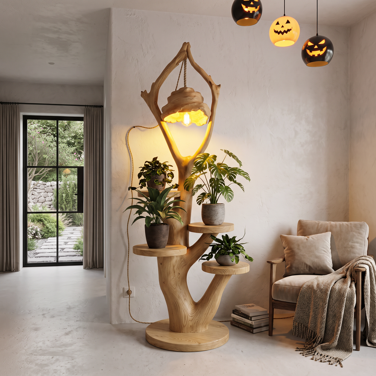 Modern Halloween Multi Tier Plant Stand With Sculptural Branch Shelves For Sunroom