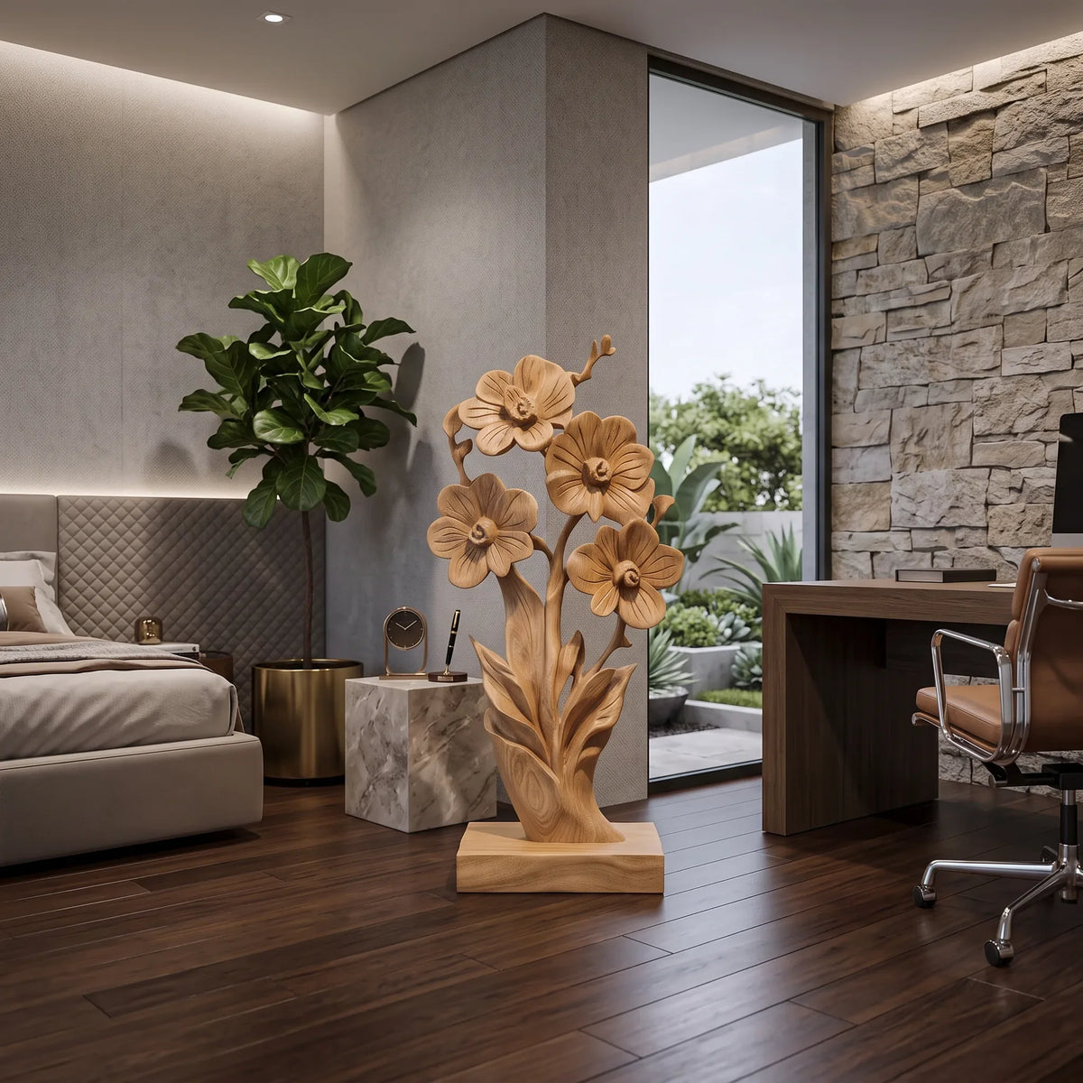 Modern Farmhouse Floral Wood Sculpture For Elegant Home Decor