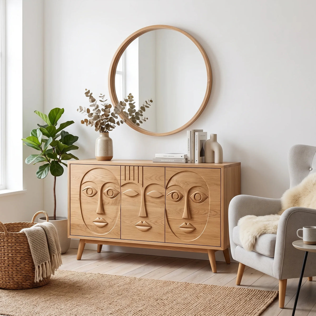 Artistic Sideboard Sideboard Cabinet Modern Sideboard Abstract Face Carving For Living Room