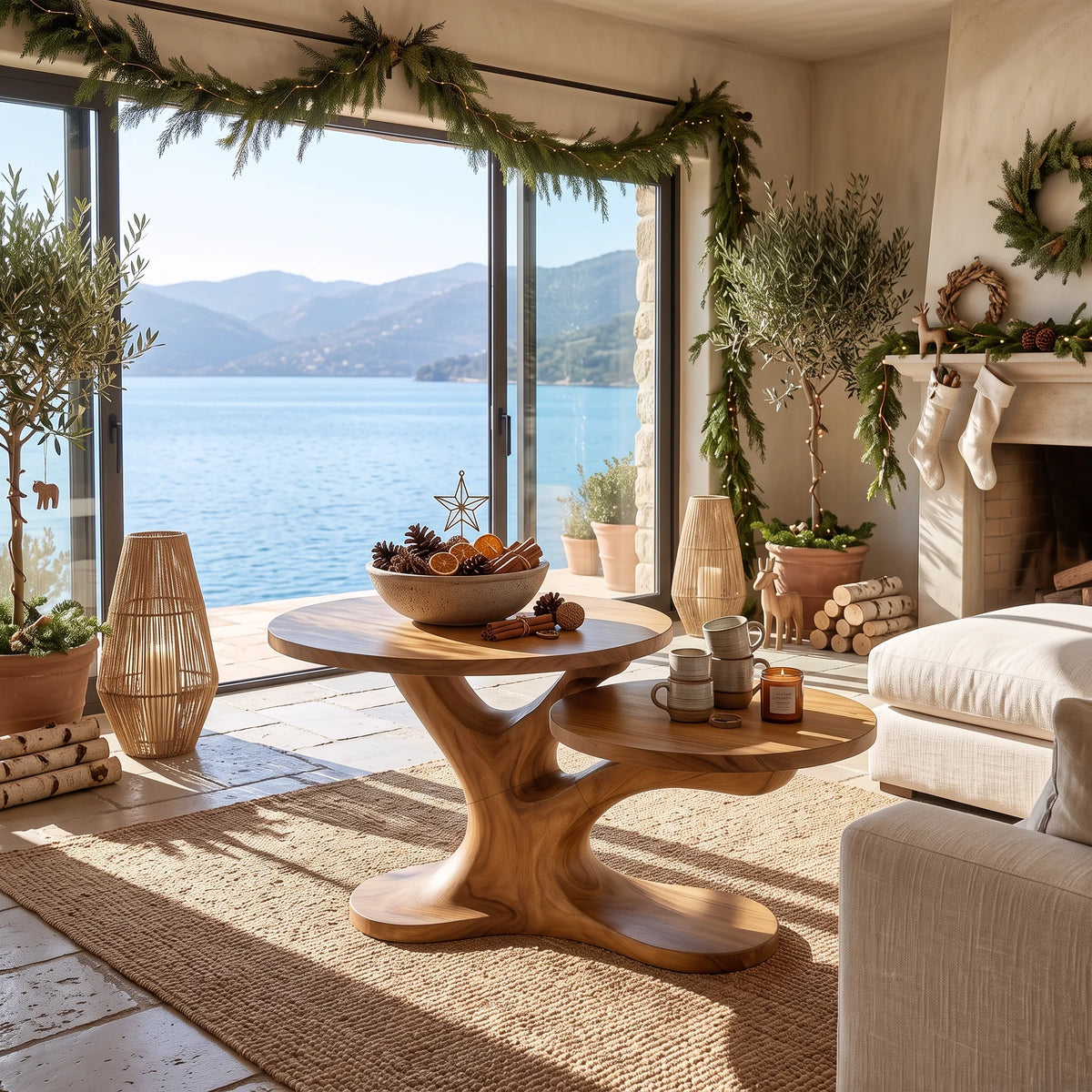 Organic Modern Reindeer Round Coffee Table Holiday Living Room