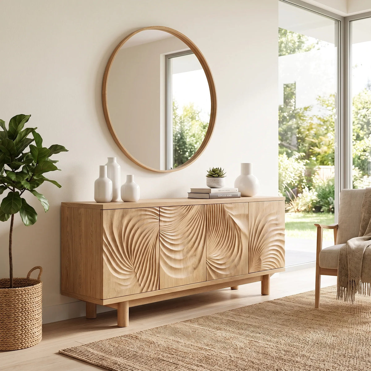 Luminous Sideboard Dining Sideboard Cabinet Buffet Cabinet Layered Wave Carving For Dining Room