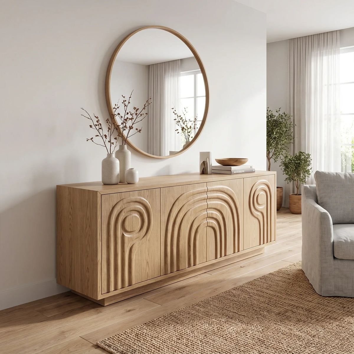 Calm Sideboard Sideboard Cabinet Buffet Cabinet Layered Arch Carving For Living Room