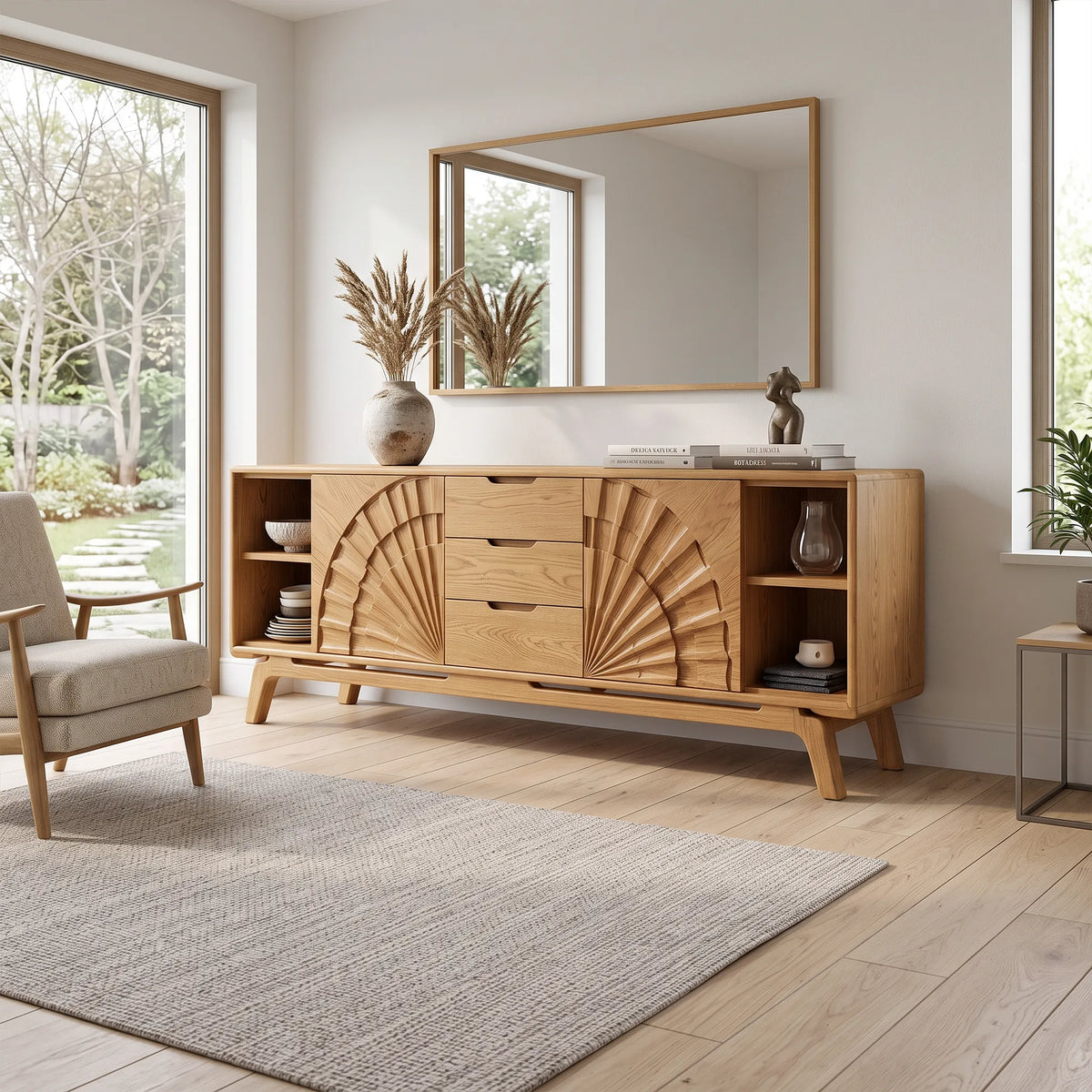 Sculptural Sideboard Cabinet Dining Sideboard Buffet Cabinet Fan Carving For Living Room