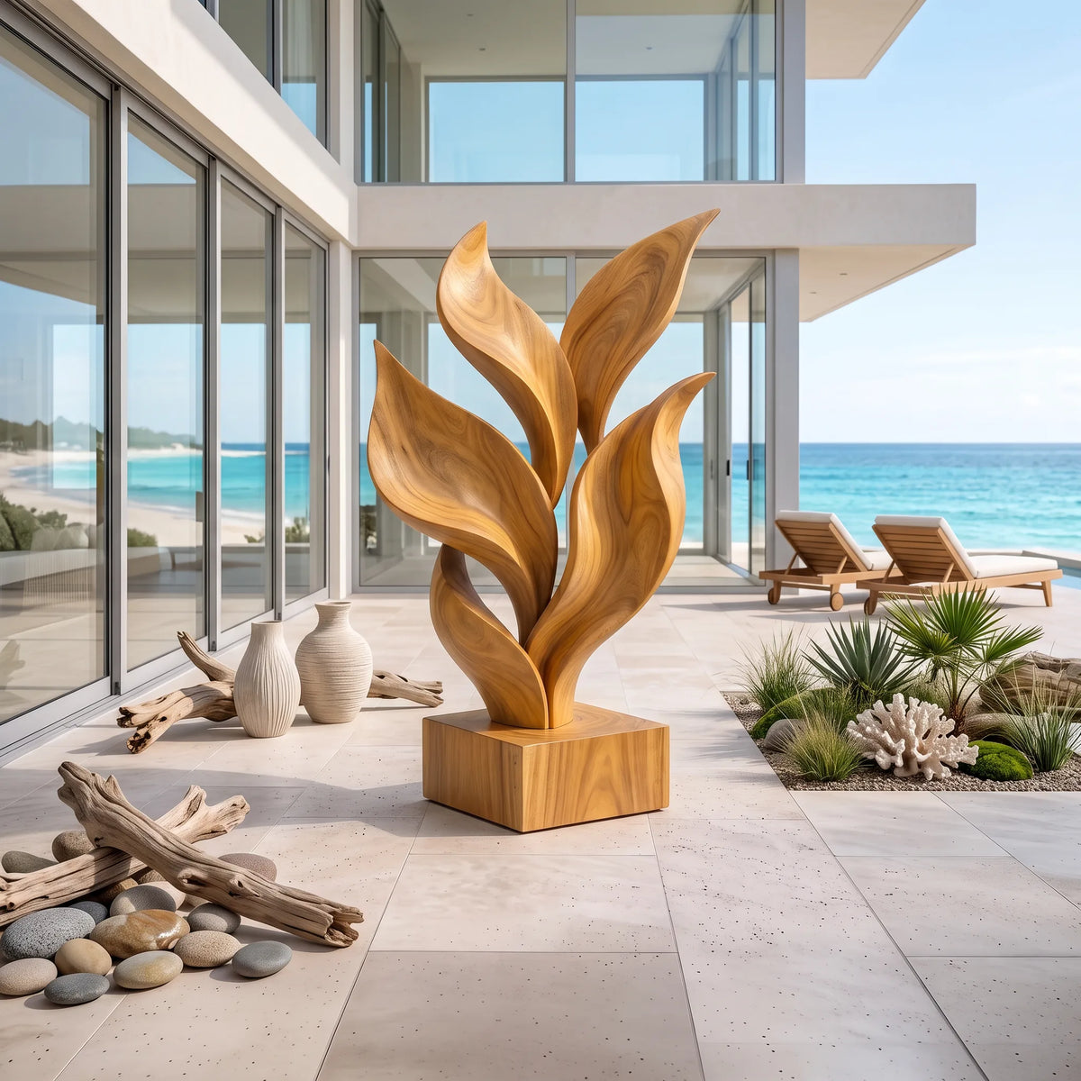 Coastal Botanical Wooden Sculpture For Luxury Beach House Decor
