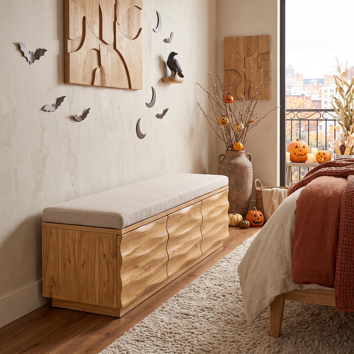 Modern Wave Storage Bench Cushion For Halloween Fall Decor