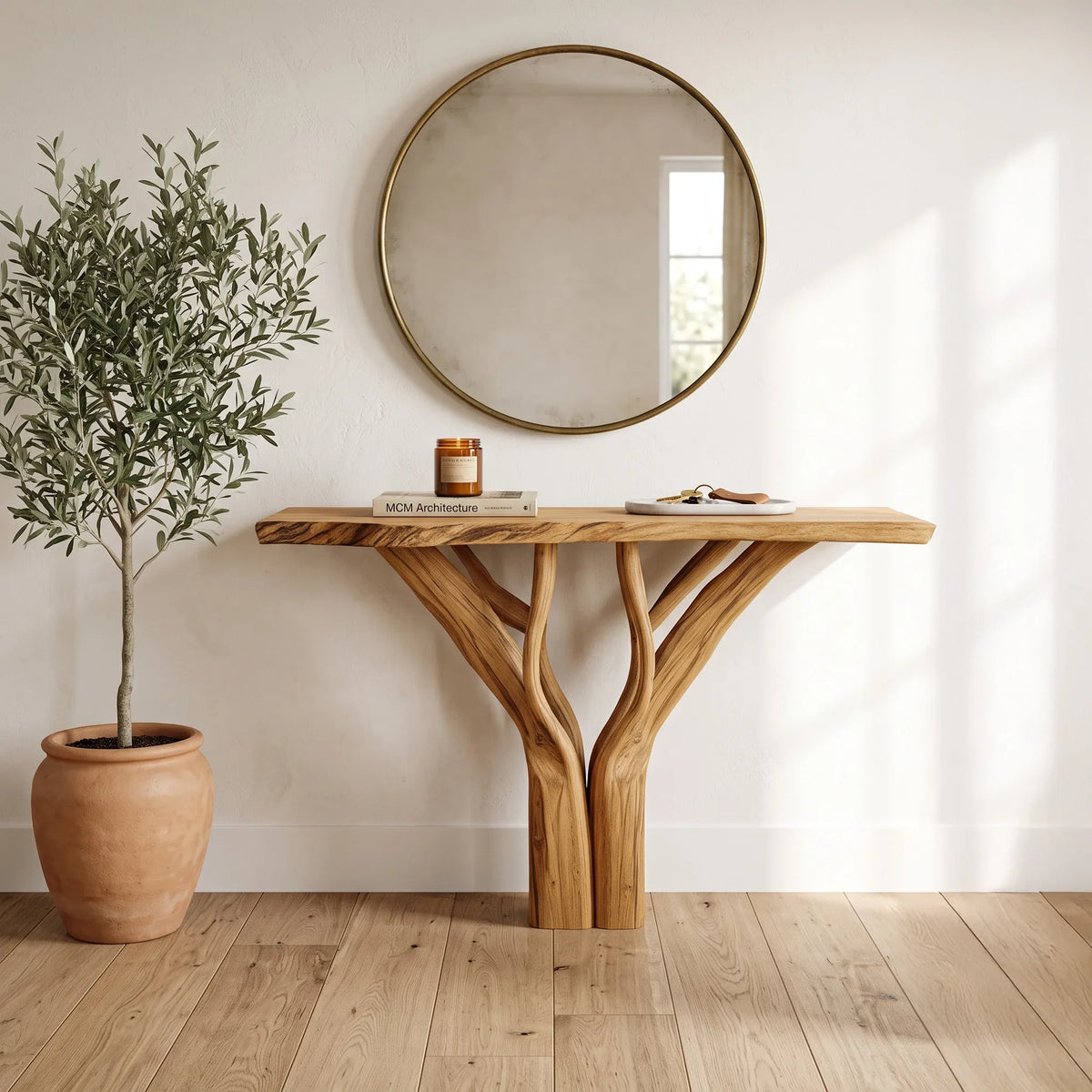 Organic Sculptural Console Table With Pedestal Base For Entryway