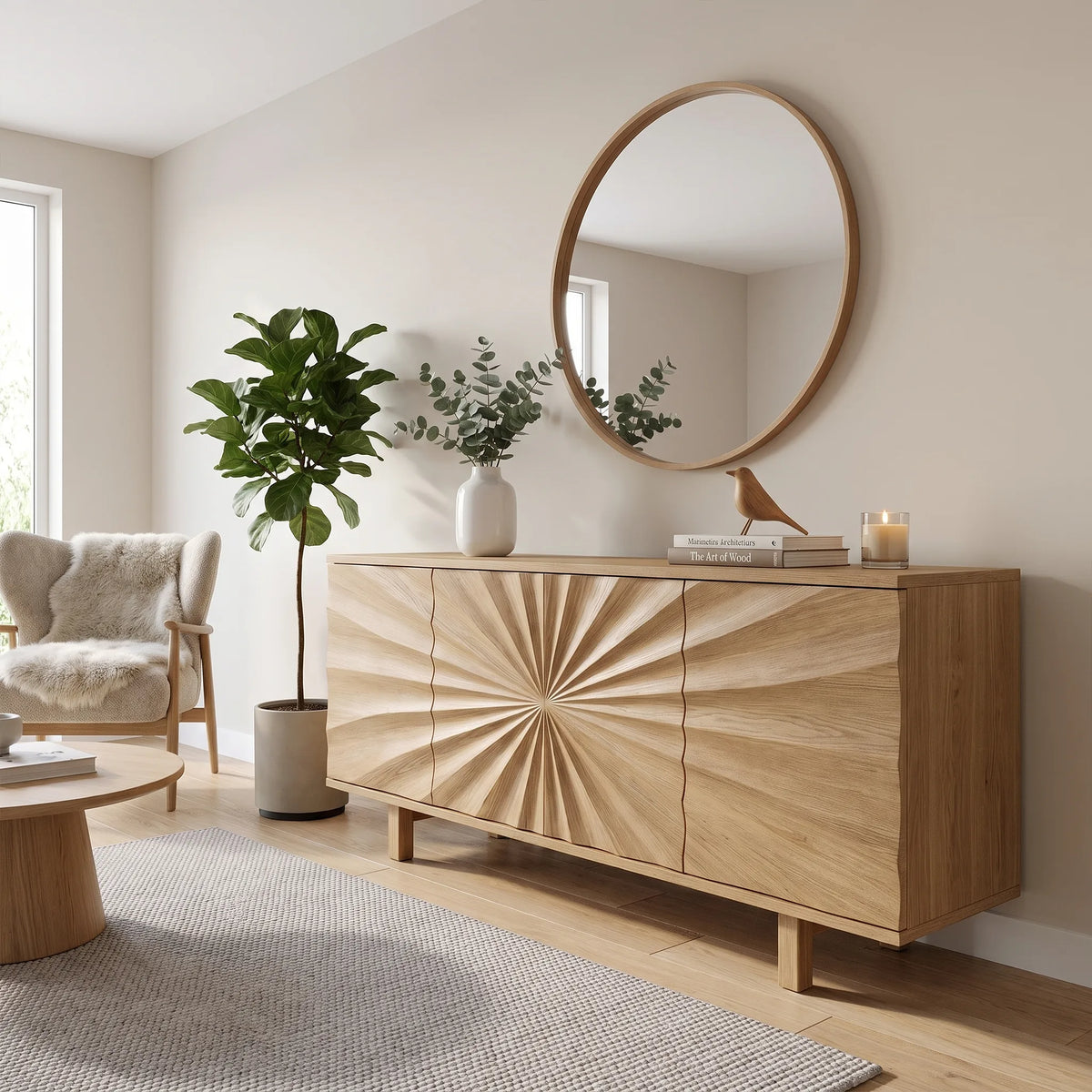 Vibrant Sideboard Sideboard Storage Cabinet Buffet Cabinet Sunburst Carved Front For Living Room