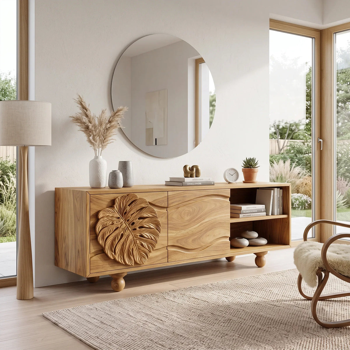 Organic Sideboard Sideboard Cabinet Modern Sideboard Leaf Carving Open Storage For Living Room