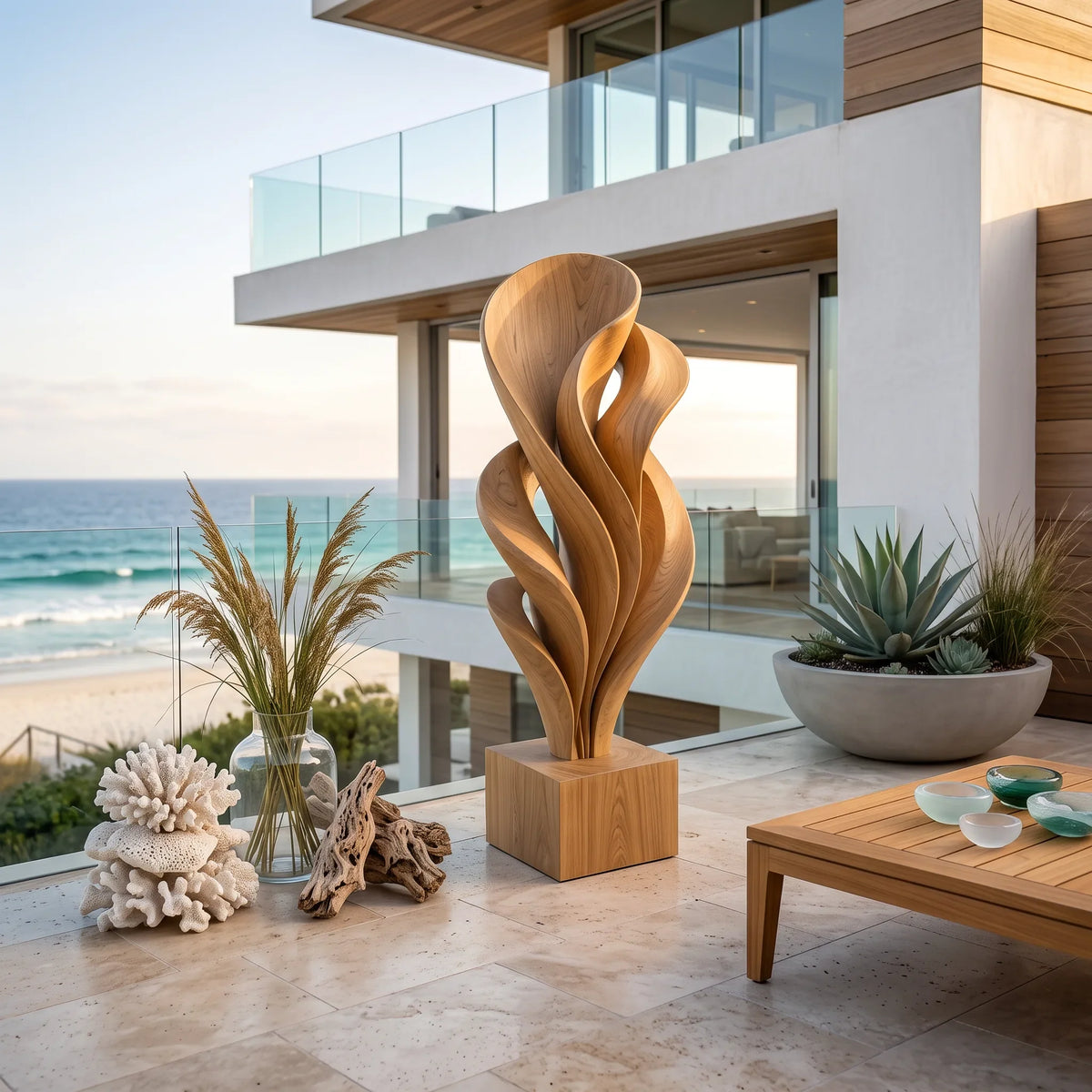 Rustic Organic Leaf Wood Sculpture For Outdoor Garden Decor