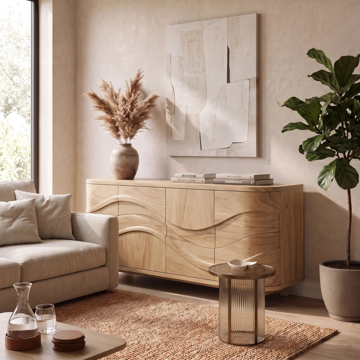 Handcrafted Wave Carved Sideboard Cabinet Living Room
