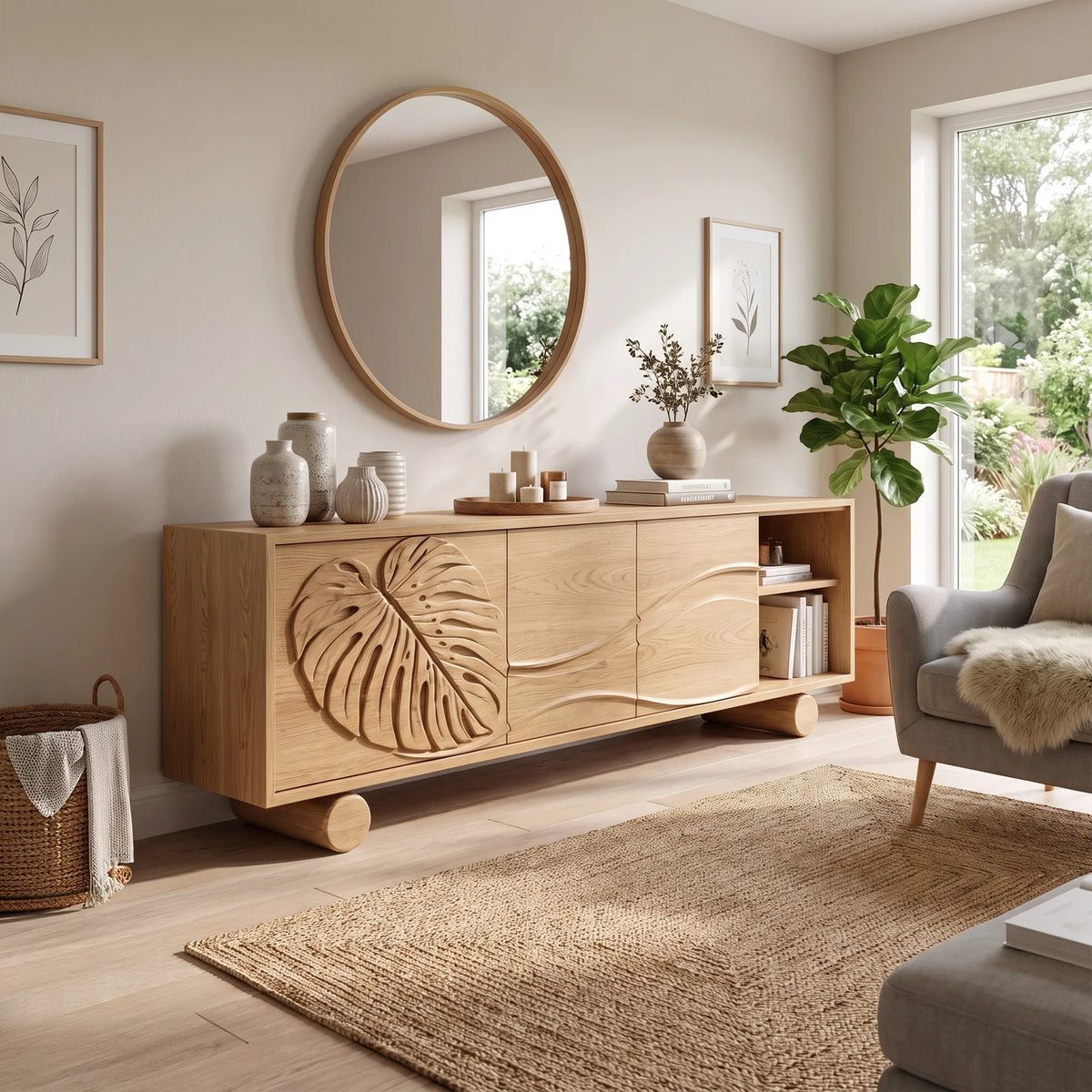 Organic Sideboard Cabinet Modern Sideboard Buffet Cabinet Monstera Carving For Living Room