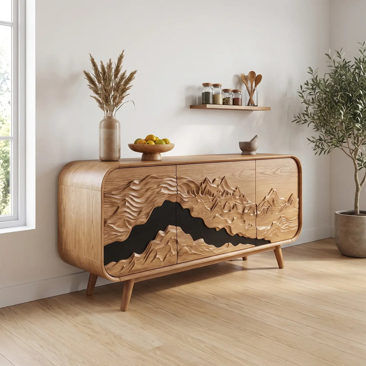 Mid Century Carved Sideboard Buffet Cabinet Living Room