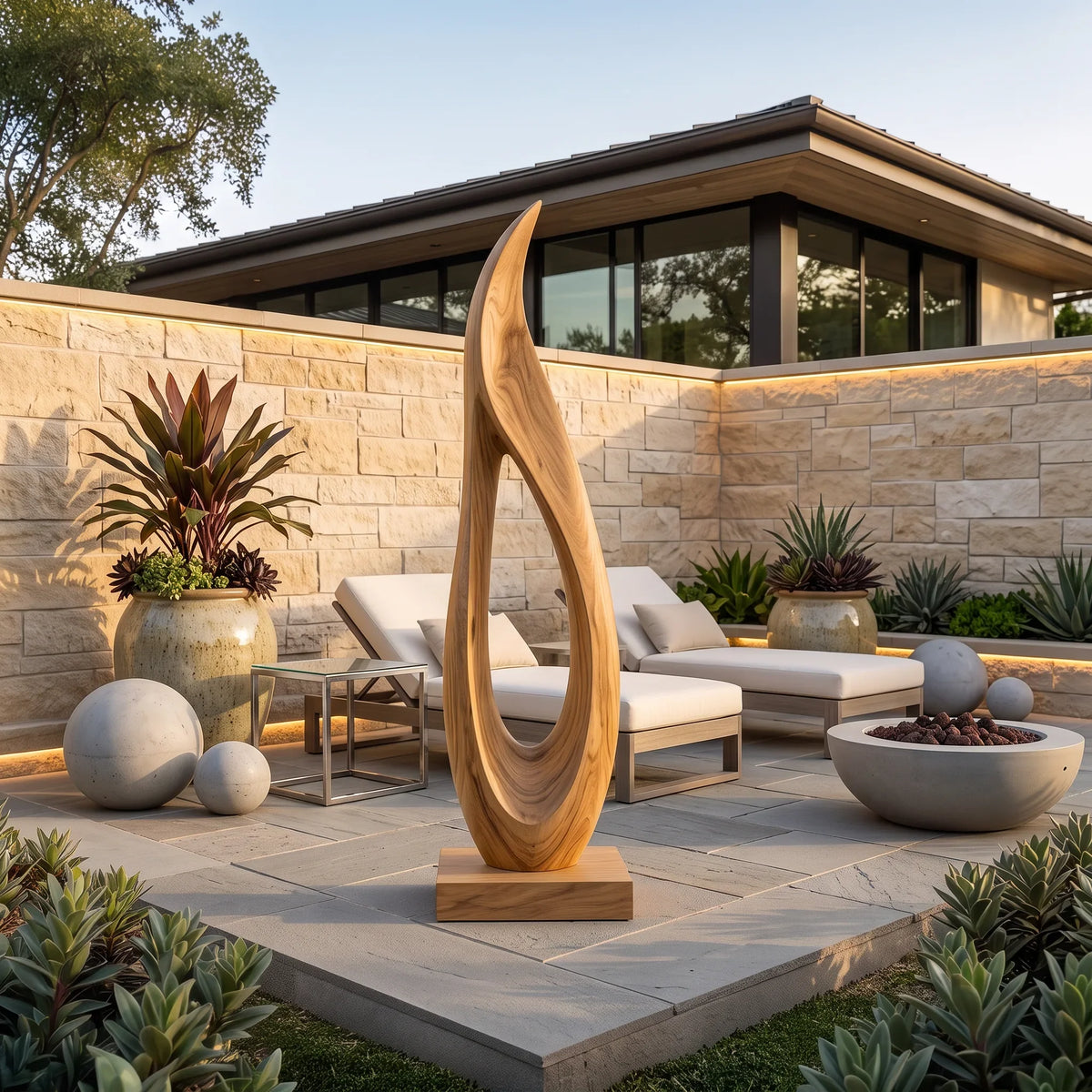 Handcrafted Flame Wood Sculpture For Minimalist Luxury Bathroom Decor